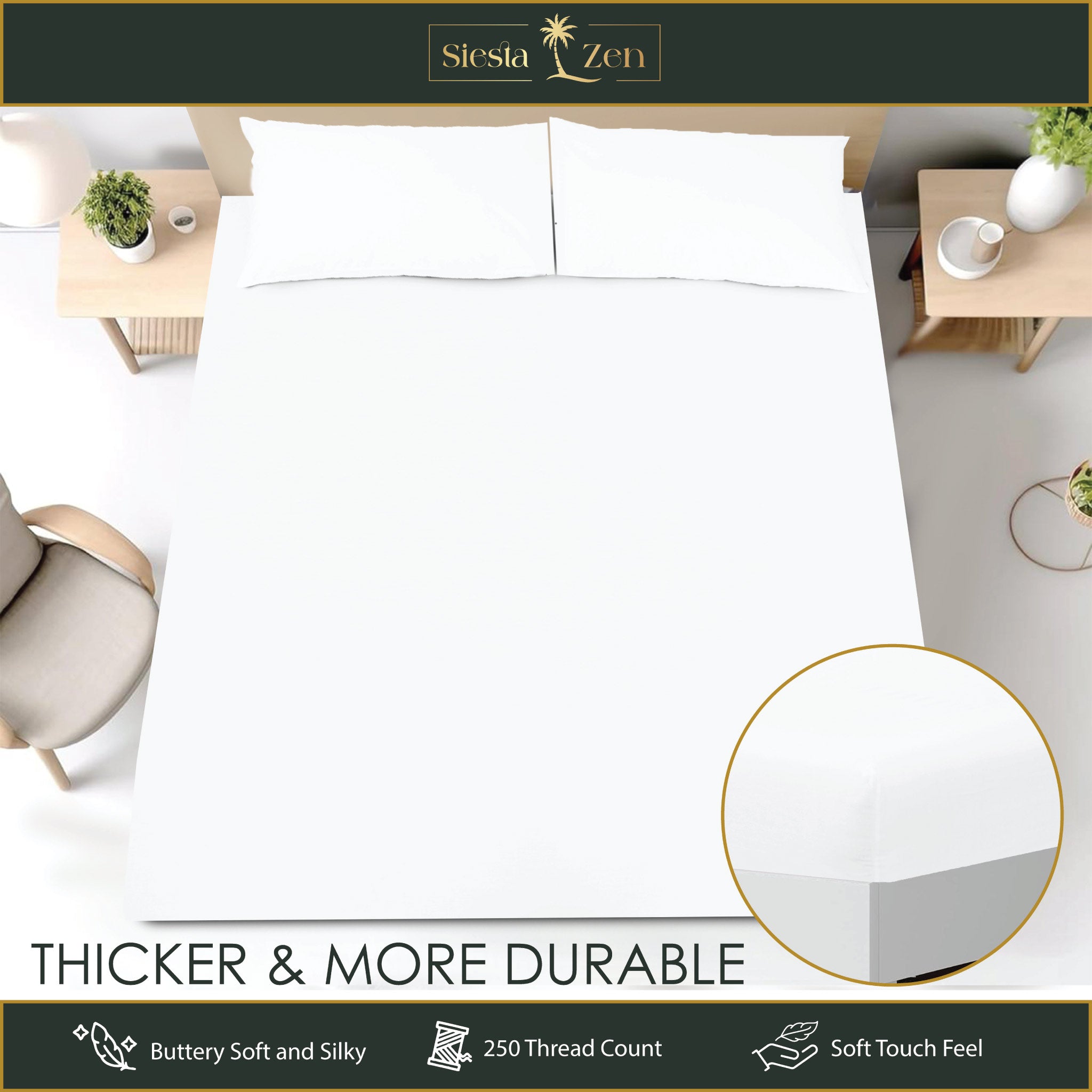 Siesta Zen 3 Piece Cotton Rich Fitted Sheet Set, 250 Thread count, 30cm Deep Pocket, Ultra Soft & Wrinkle Resistant