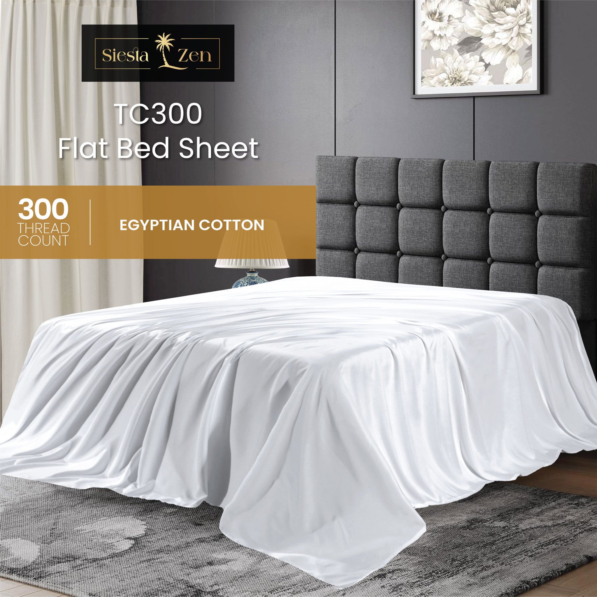 Siesta Zen 100% Egyptian Cotton Flat Bed Sheet 300 Thread Count Percale Weave, Soft, Breathable & Hotel Quality Bedding