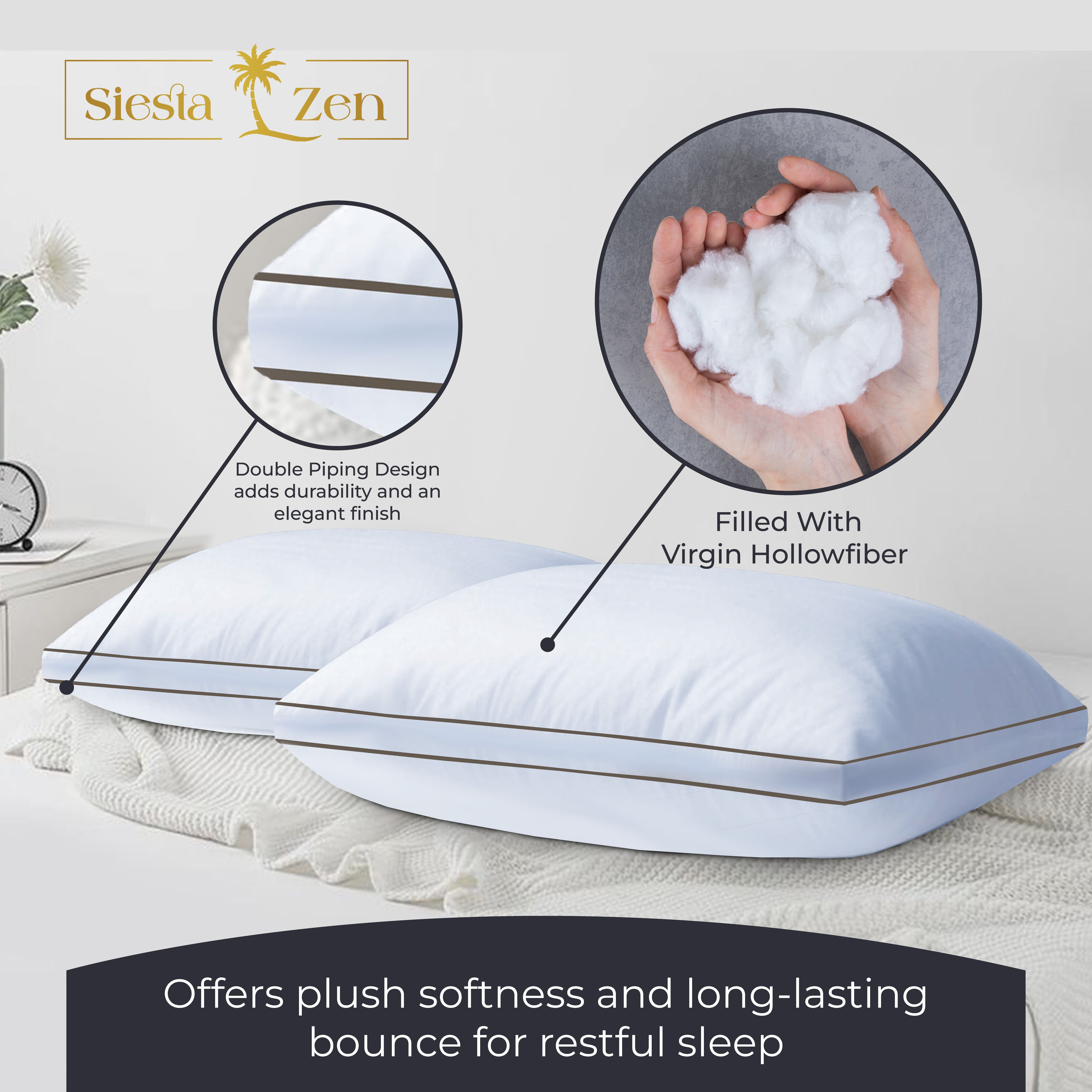 Hotel Quality Hollow-Fiber Filled Pillows (Pack of 2) – Plush Down-Alternative, Breathable, Hypoallergenic, Medium-Firm Support, Quick Bounce-Back, Double Piping Standard Pillows
