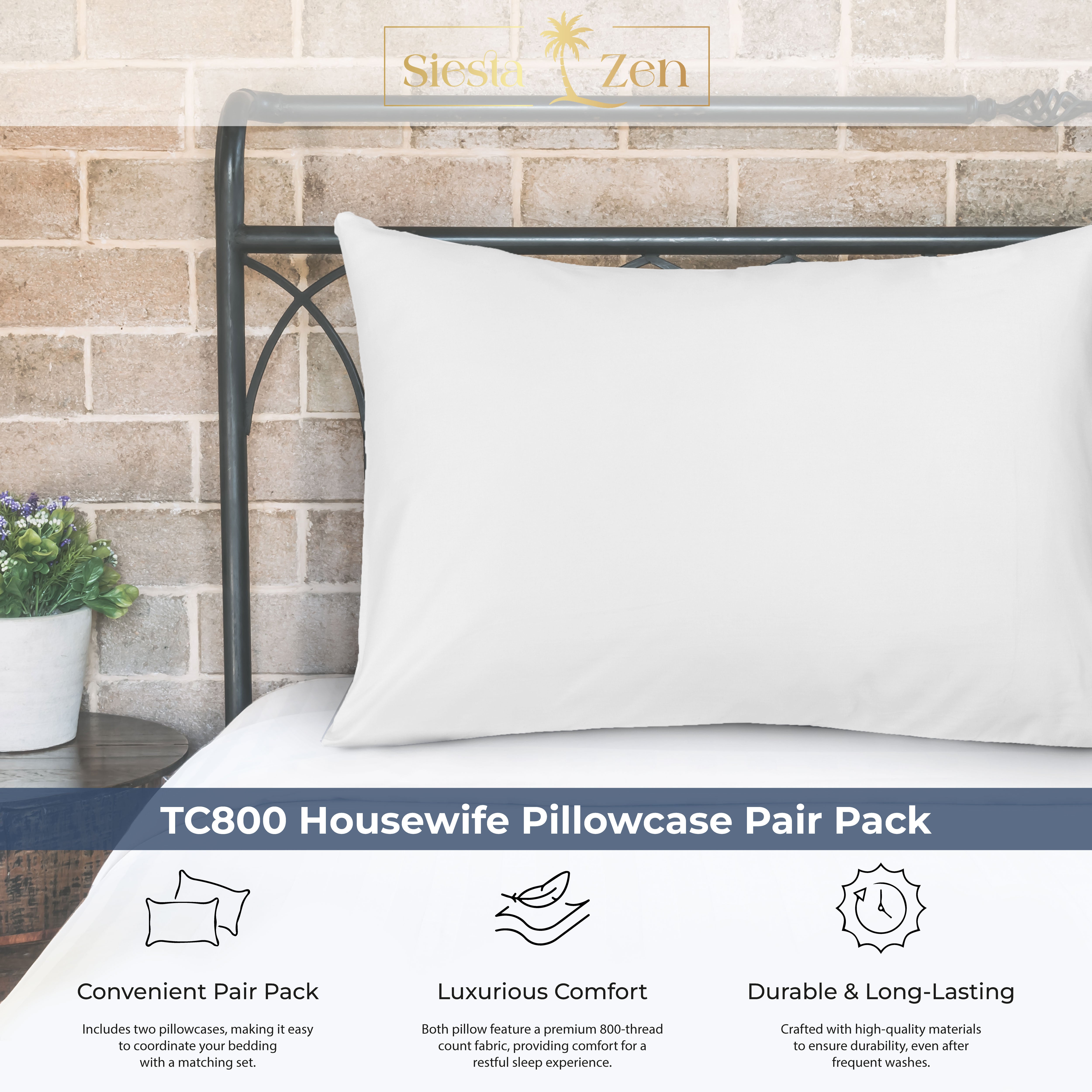 Siesta Zen 100% Egyptian Cotton Housewife Pillowcases 800 Thread Count Luxury Cooling Sateen, Ultra-Soft, Silky & Hypoallergenic 5 star Hotel Quality Standard size 50x75cm Pair pack