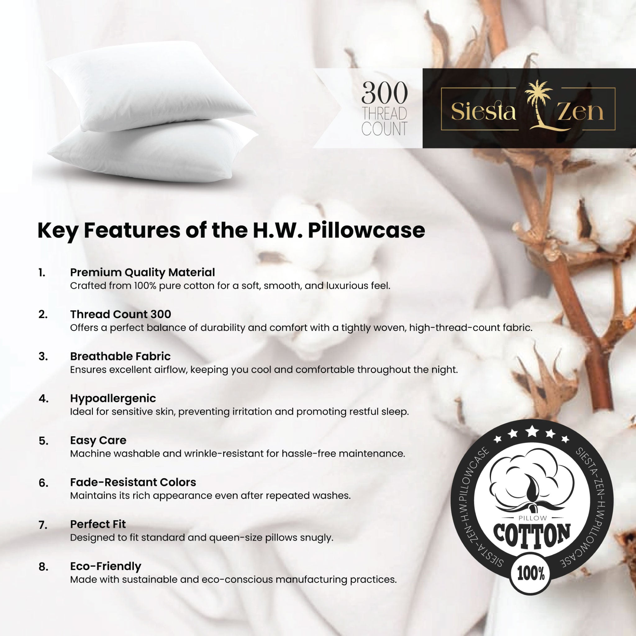 Siesta Zen 100% Egyptian Cotton Pillow Cover Set (2 Pieces) 300 Thread Count Percale, Ultra-Soft, Housewife Style Hotel Quality Pillowcases