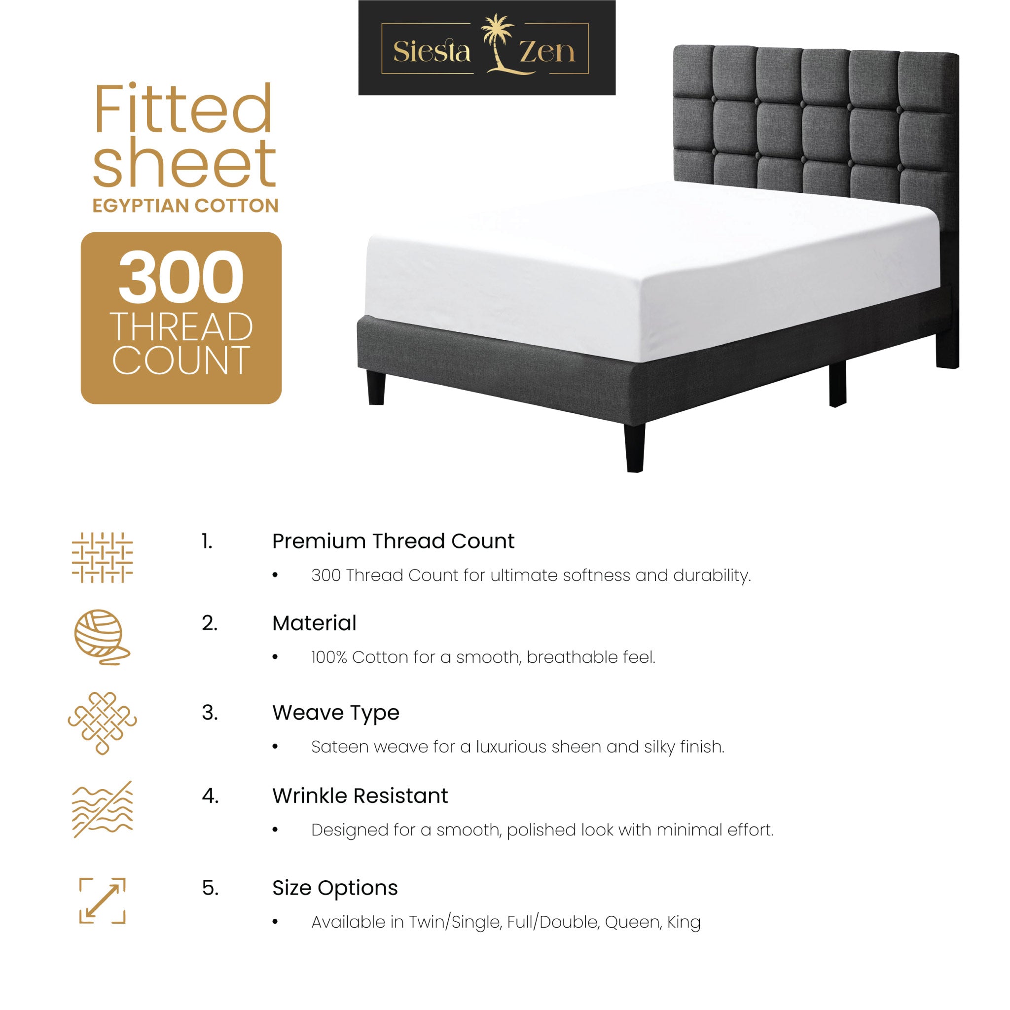 Siesta Zen 100% Egyptian Cotton Fitted Sheet – 300 Thread Count – Extra Deep 30cm Pocket