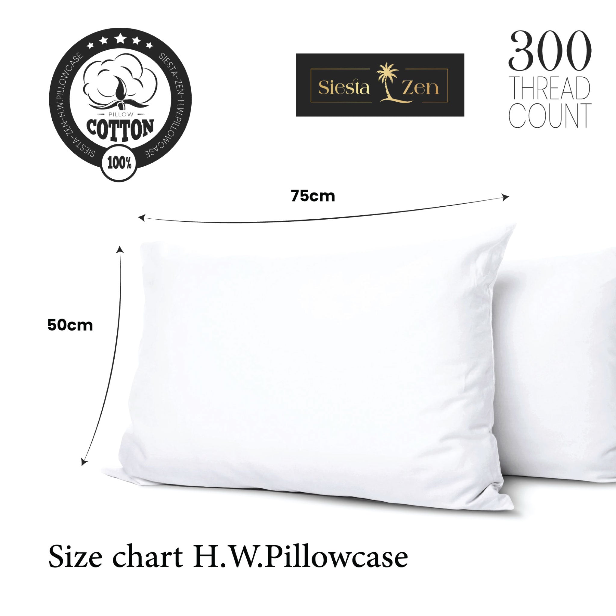 Siesta Zen 100% Egyptian Cotton Pillow Cover Set (2 Pieces) 300 Thread Count Percale, Ultra-Soft, Housewife Style Hotel Quality Pillowcases