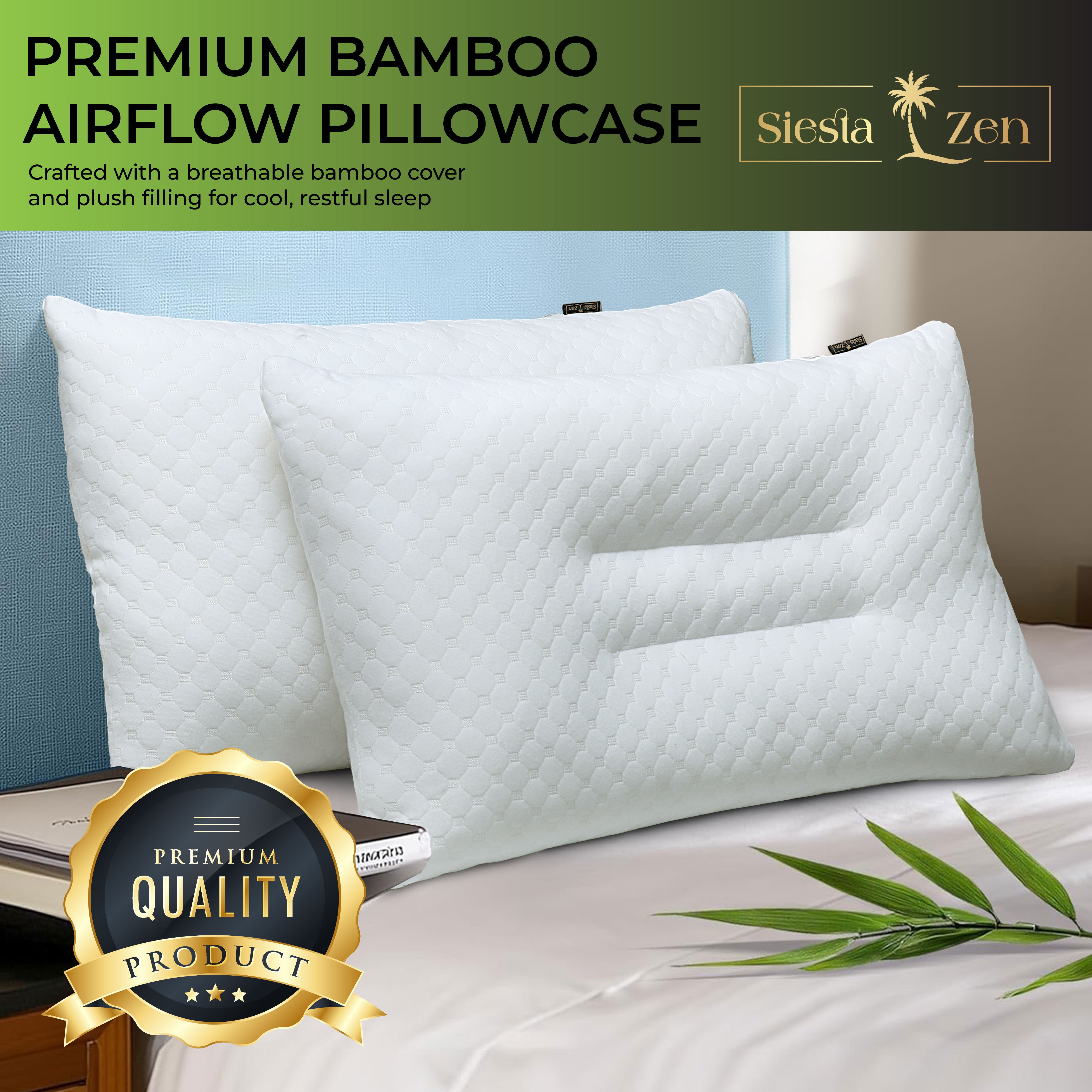 Siesta Zen Gentle Cervical Bamboo Air Flow Neck Support Pillow Filled with Vergin Hollowfiber Odorless, Ergonomic Contour Design for Neck & Spine Alignment Soft, Hypoallergenic (2, Standard Size)