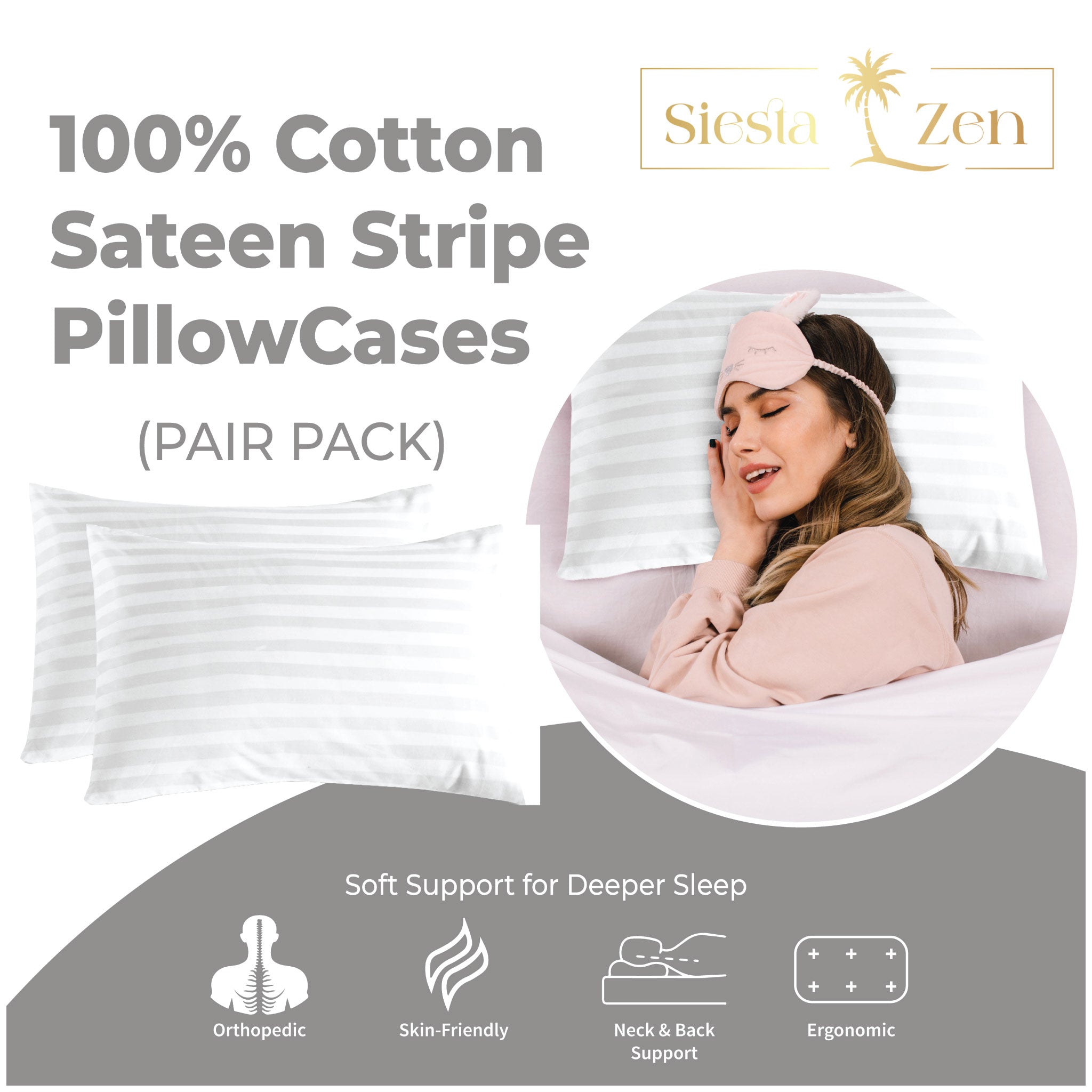 Siesta Zen 100% Cotton Luxury Hotel Sateen Pillow Covers (Pair) 2cm Satin Stripe, Ultra-Soft, Breathable & Hypoallergenic