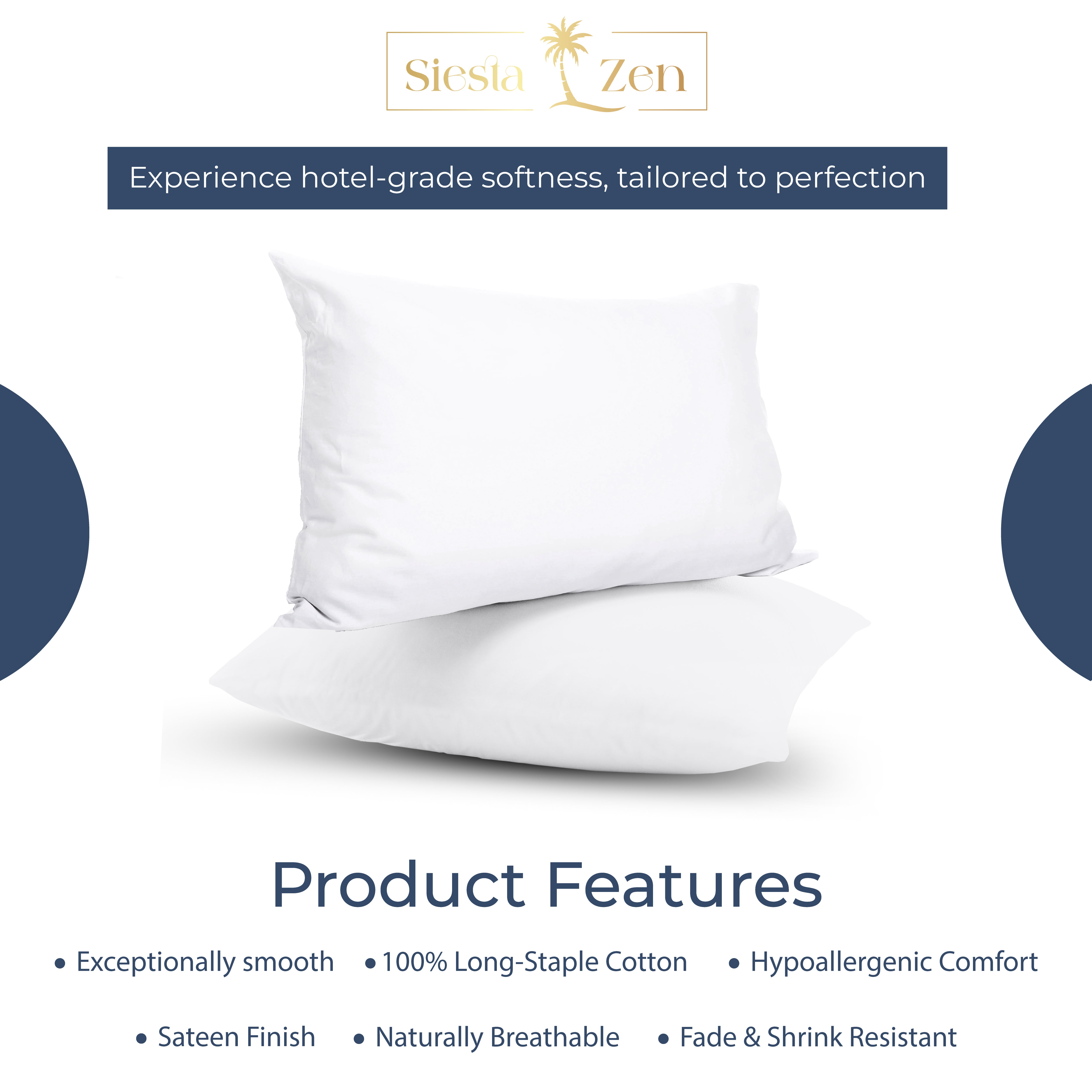 Siesta Zen 100% Egyptian Cotton Housewife Pillowcases 800 Thread Count Luxury Cooling Sateen, Ultra-Soft, Silky & Hypoallergenic 5 star Hotel Quality Standard size 50x75cm Pair pack