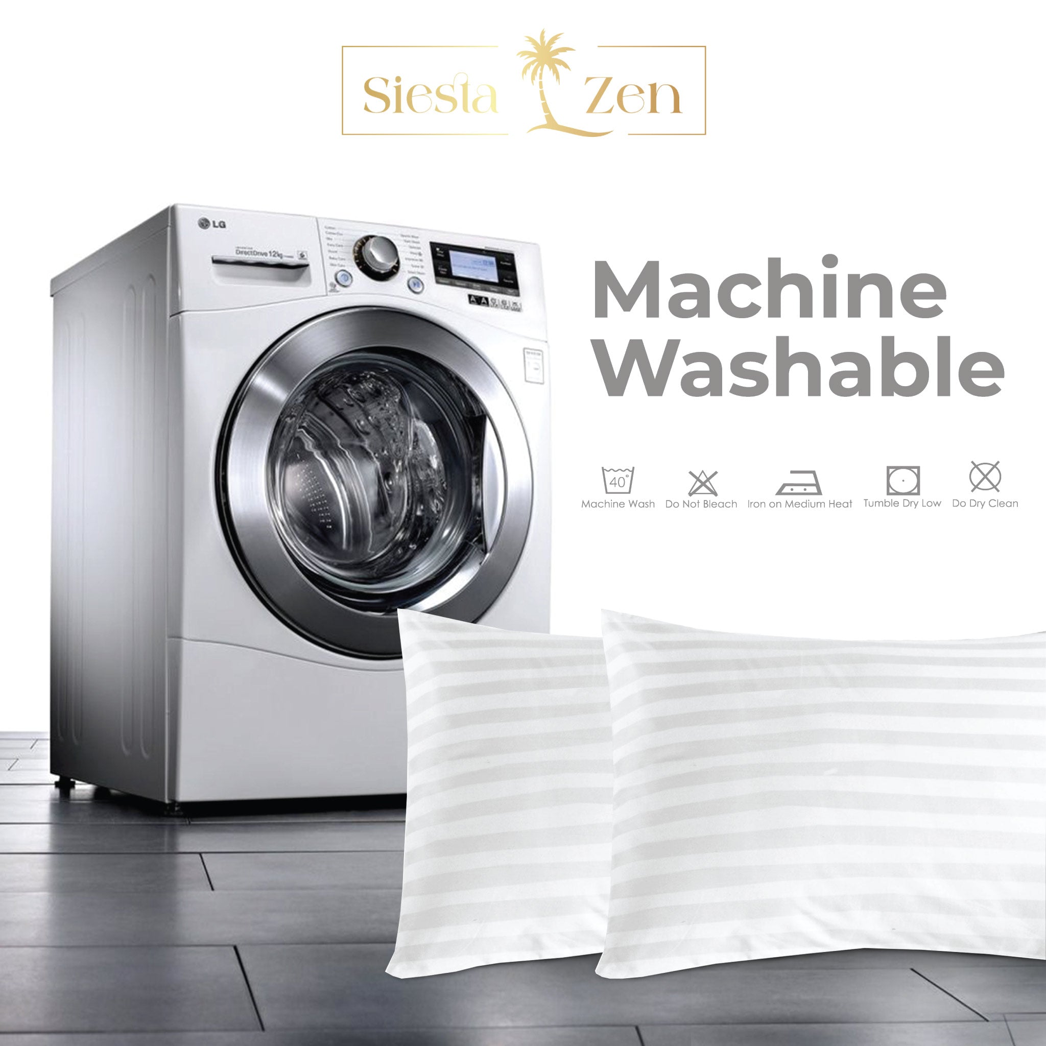 Siesta Zen 100% Cotton Luxury Hotel Sateen Pillow Covers (Pair) 2cm Satin Stripe, Ultra-Soft, Breathable & Hypoallergenic