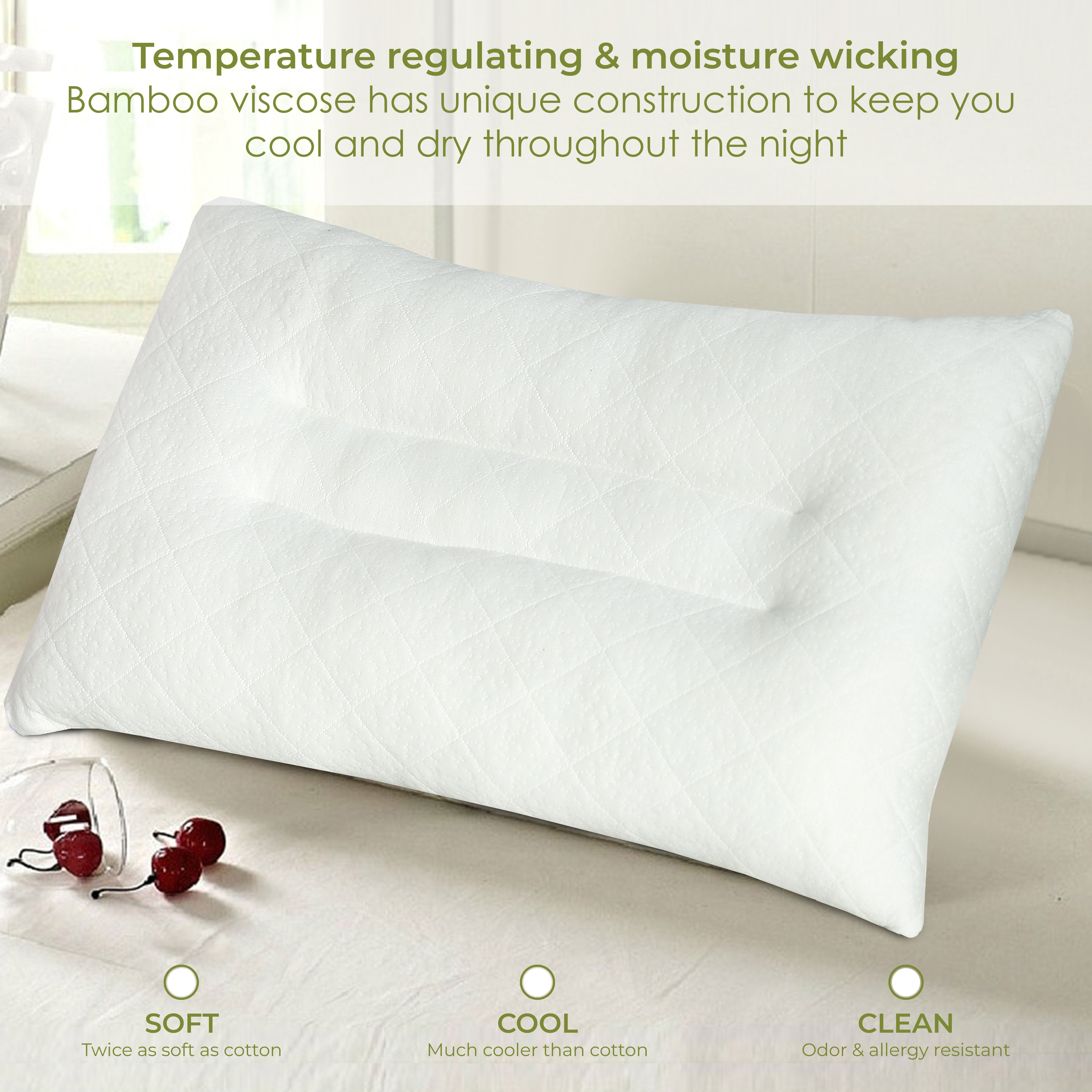 Ultimate Sleep Bamboo Filled Pillow (Pack of 2)  Standard Size Ergonomic Bed Pillows with Zipper, Virgin Hollowfiber Fill, Hypoallergenic, Breathable Cervical Neck Support for Side Sleepers