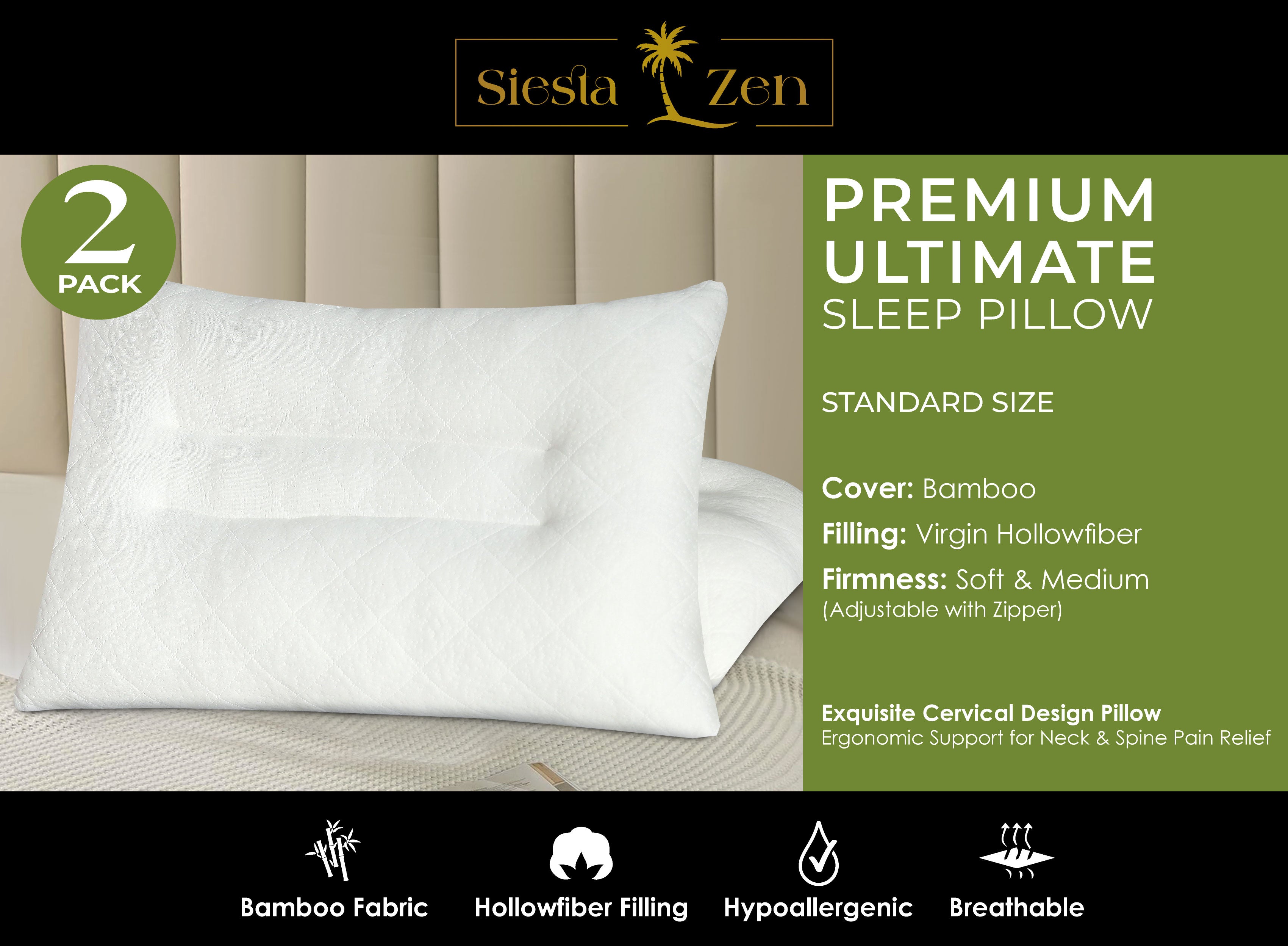 Ultimate Sleep Bamboo Filled Pillow (Pack of 2)  Standard Size Ergonomic Bed Pillows with Zipper, Virgin Hollowfiber Fill, Hypoallergenic, Breathable Cervical Neck Support for Side Sleepers